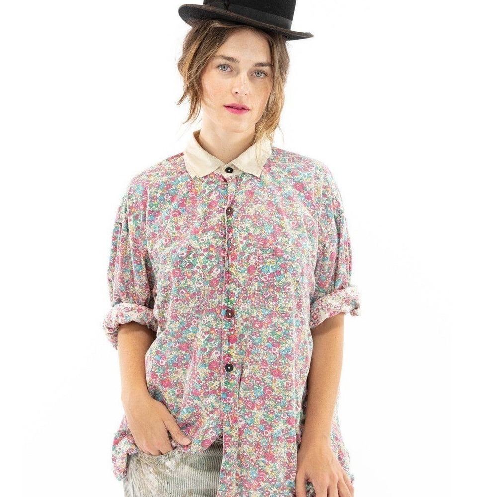 Magnolia Pearl Pastel Floral Button down Boyfriend Shirt European Cotton NWT